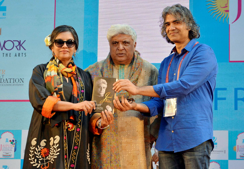 Shabana Azmi and Javed Akhtar (r) during the book launch of “In Other Words” at the inauguration of the Jaipur Literature Festival at Diggi Palace in Jaipur, Jan. 21. (Press Trust of India)