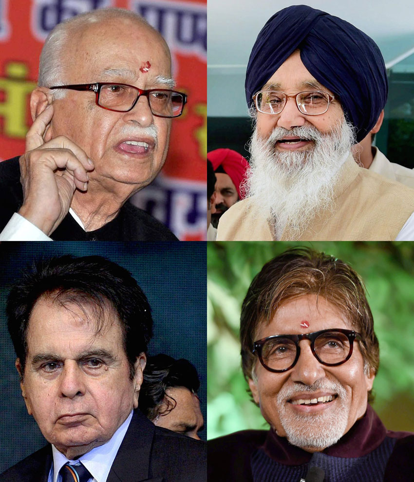 (Clockwise from top left): File photos of BJP veteran L.K. Advani, senior Shiromani Akali Dal leader Parkash Singh Badal, Bollywood megastar Amitabh Bachchan and legendary actor Dilip Kumar who will be conferred upon the prestigious Padma Vibhushan award as announced by the Indian government, Jan. 25. (Press Trust of India)