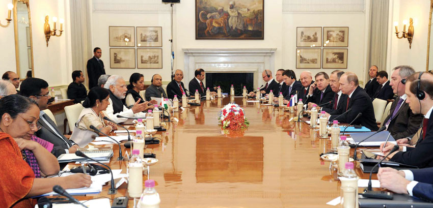 Prime Minister Narendra Modi and Russian President Vladimir Putin at the delegation level talks, in New Delhi, Dec. 11. (Press Information Bureau)
