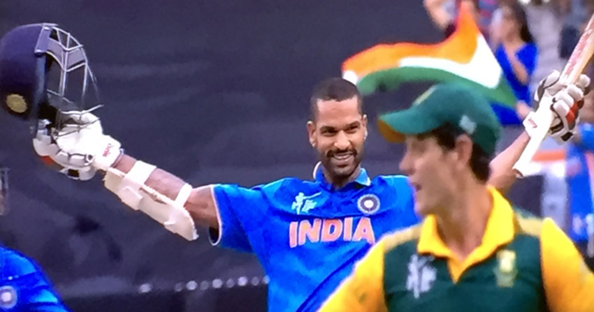 Shikhar Dhawan after scoring a century against South Africa, in Melbourne, Feb. 22.