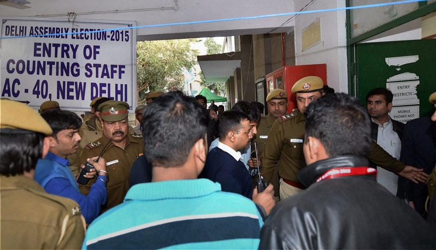 AAP convener Arvind Kejriwal arrives at a counting center for collecting the winning certificate for Assembly polls in New Delhi, Feb. 10. (Shahbaz Khan | PTI)