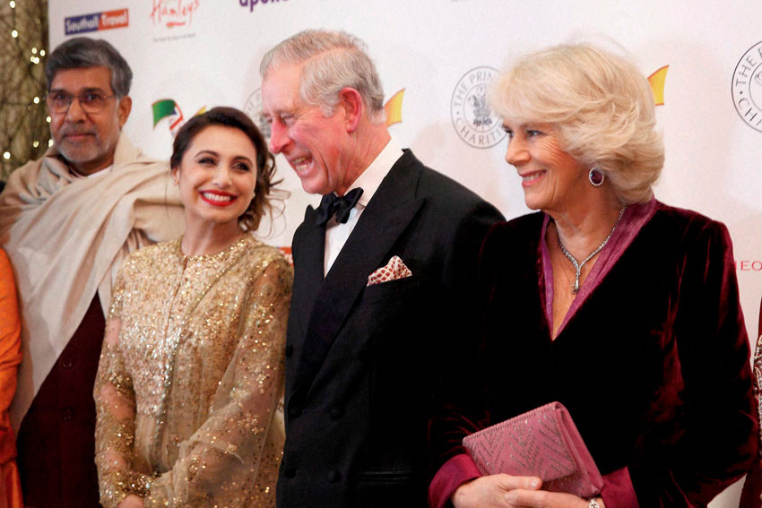 RANI MEETS PRINCE: Britain’s Prince Charles and his wife Camilla (r) with actress Rani Mukherji and Nobel Peace Prize winner Kailash Satyarthi (l) at the red carpet of the British Asian Trust gala fund raiser in London, Feb. 4. (Press Trust of India)