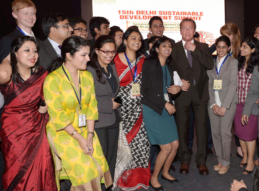 TERMINATOR IN DELHI: Hollywood actor and former Governor of California Arnold Schwarzenegger with students during the 15th Delhi Sustainable Development Summit in New Delhi, Feb. 5. (Manvender Vashist | PTI)