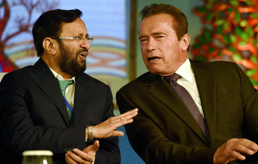 TERMINATOR IN DELHI: Arnold Schwarzenegger (r) and Environment Minister Prakash Javadekar during the 15th Delhi Sustainable Development Summit in New Delhi, Feb. 5. (Manvender Vashist | PTI)