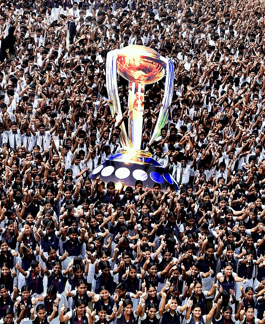 About 3,000 school students display a mammoth model of the 2015 Cricket World Cup to cheer up the Indian team at the mega event, in Chennai, Feb. 12. (R. Senthil Kumar | PTI)