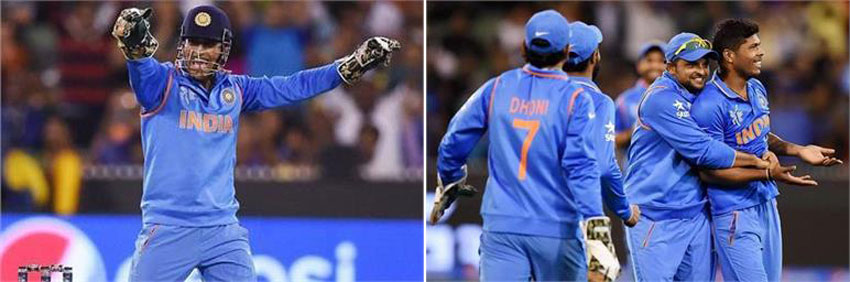 (Left): Indian Skipper M.S. Dhoni celebrates after Bangladesh’s Shakib Al Hasan was dismissed for 10 runs during their Cricket World Cup quarterfinal match in Melbourne. (Right): Umesh Yadav, right, is embraced by teammate Suresh Raina as they celebrate the dismissal of Bangladesh’s Mushfiqur Rahim during their Cricket World Cup quarterfinal match. (Press Trust of India | AP)