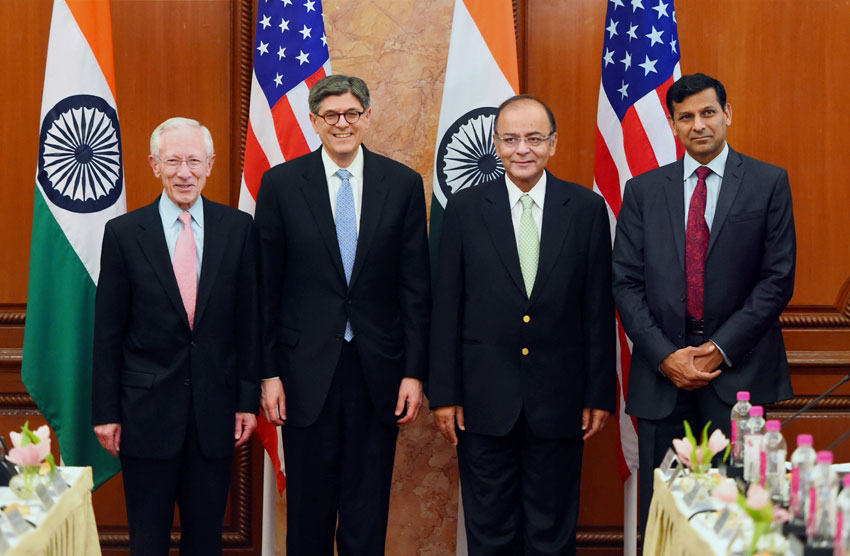 File photo of Finance Minister Arun Jaitley (2nd from r) and U.S. Treasury Secretary Jacob L. Lew at the 5th Indo-U.S. Economic and Financial Partnership Dialogue, in New Delhi, Feb. 12. RBI Governor Raghuram Rajan (r) and U.S. Federal Reserve Vice Chairman Stanley Fischer is also seen. (Shahbaz Khan | PTI)