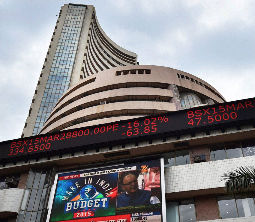 A display board shows the share prices at the Bombay Stock Exchange building in Mumbai, Feb. 28, during the Union budget 2015-16 presentation in the Lok Sabha. (Santosh Hirlekar | PTI)