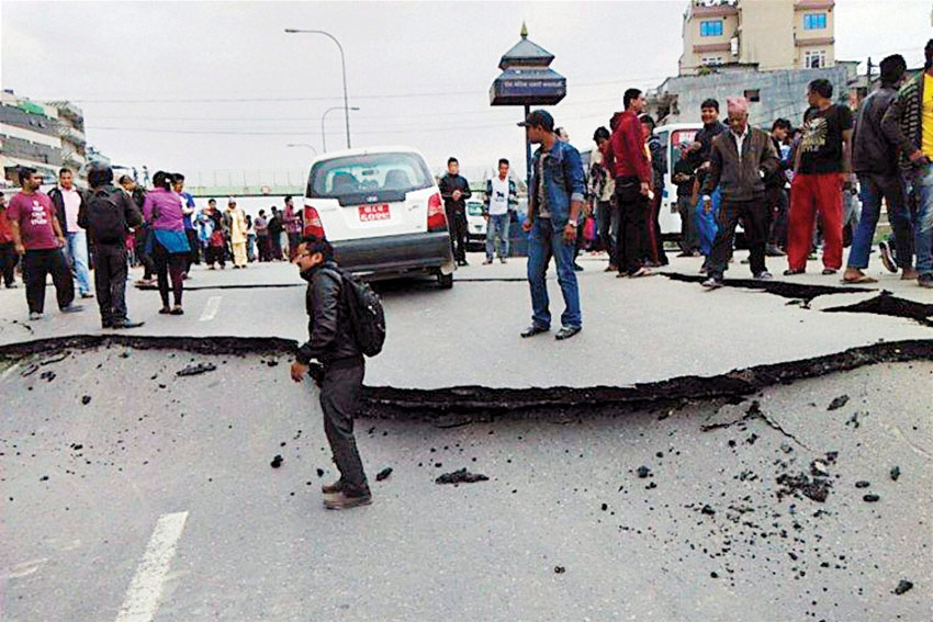 A damaged road after the powerful 7.9 earthquake struck Kathmandu in Nepal, Apr. 25. (Press Trust of India)