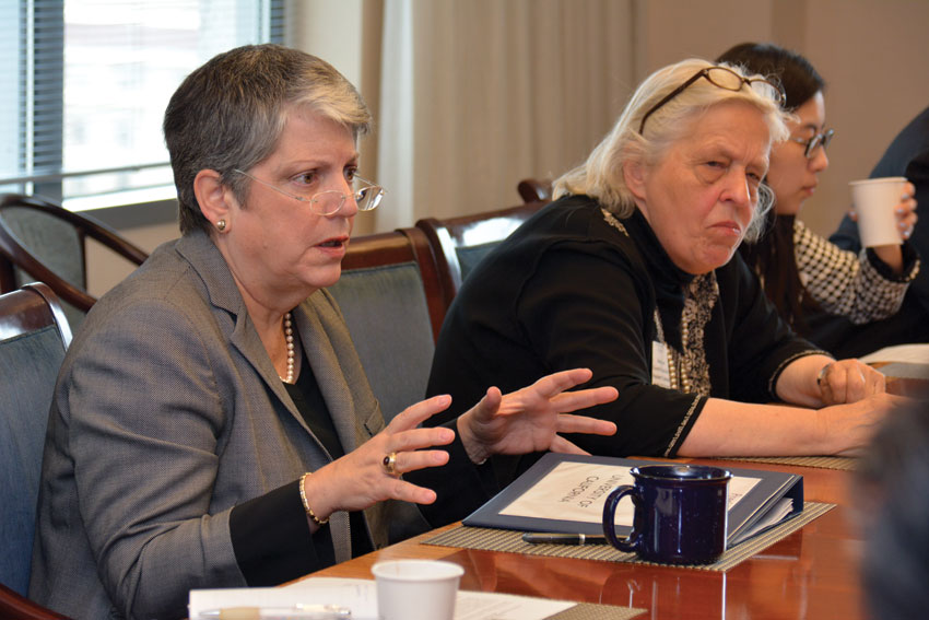 UC President Janet Napolitano talks with ethnic media in Oakland, Calif., May 27. (Amar D. Gupta | Siliconeer)