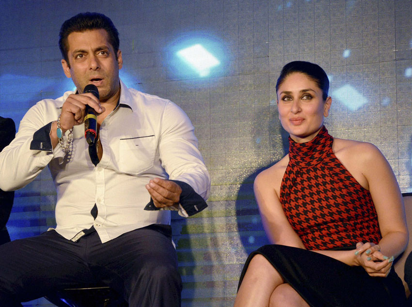 Star cast of film Bajrangi Bhaijaan, Salman Khan and Kareena Kapoor Khan (r) at a promotional event for the film in Gurgaon, July 14. (Press Trust of India)