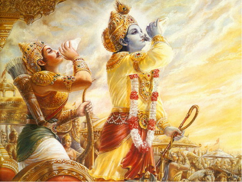 Krishna teaching Arjuna.