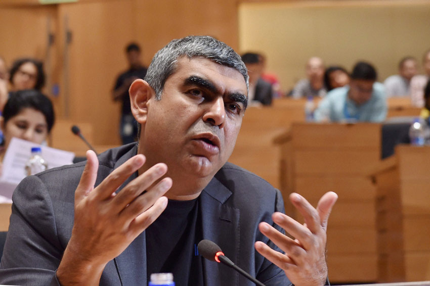 Infosys CEO Vishal Sikka speaks during a press conference to announce the Q1 results of the company at their headquarters in Bengaluru, July 21. (Shailendra Bhojak | PTI)