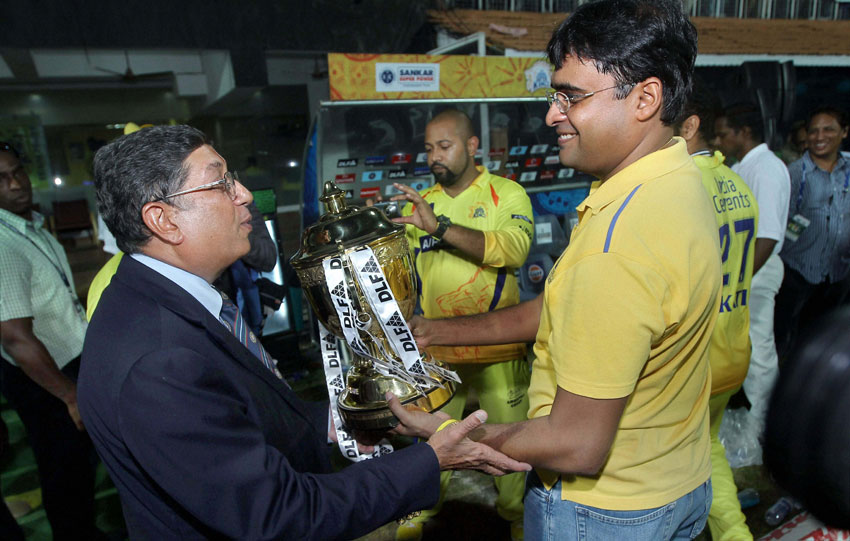 File photo of Chennai Super Kings' official Gurunath Meiyappan with his father-in-law and ICC chief N. Srinivasan. (Press Trust of India) 