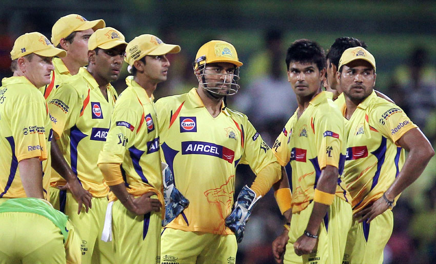 File photo of CSK Skipper M.S. Dhoni with his teammates. Chennai Super Kings has been suspended for 2 years by the Supreme Court-appointed Justice Lodha Committee, July 14, in connection with the IPL scam. (Press Trust of India) 