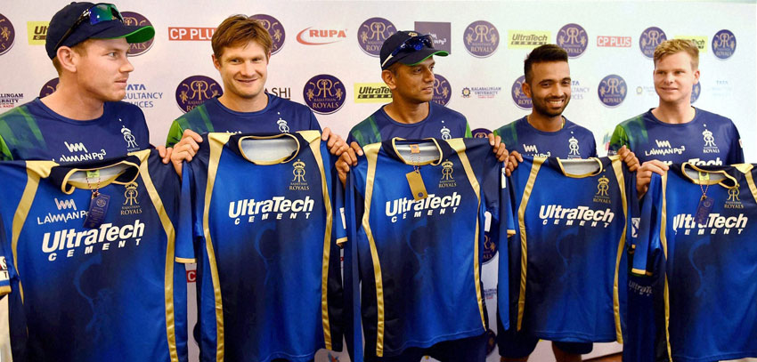 File photo of Rajasthan Royals mentor Rahul Dravid with team Captain Shane Watson and players Ajinkya Rahane, James Faulkner and Steve Smith. The team has been suspended for 2 years by the Supreme Court-appointed Justice Lodha Committee, July 14, in connection with the IPL scam. (Press Trust of India) 