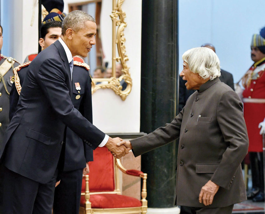 File photo of former President A.P.J. Abdul Kalam with U.S. President Barack Obama in New Delhi in January 2015. (Press Trust of India) 
