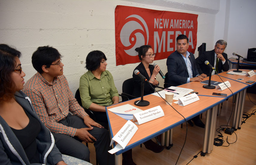 Amy Lin talks to ethnic media at a conference on #Health4All at NAM headquarters in San Francisco, July 21. (Amar D. Gupta | Siliconeer)