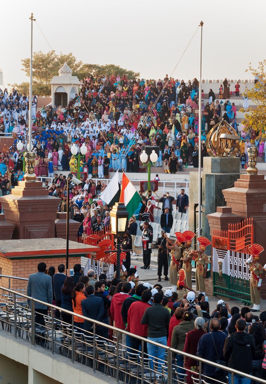 The India-Pakistan Wagah Border Closing Ceremony. It happens at the border gate, two hours before sunset each day. The flag ceremony is conducted by Indian Border Security Force and Pakistan Rangers. (iStock | Getty Images)