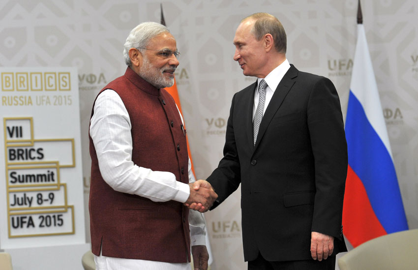 Prime Minister Narendra Modi at a bilateral meeting with the President of Russian Federation, Vladimir Putin, at Congress Hall, in Ufa, Russia, July 8. (Press Information Bureau)