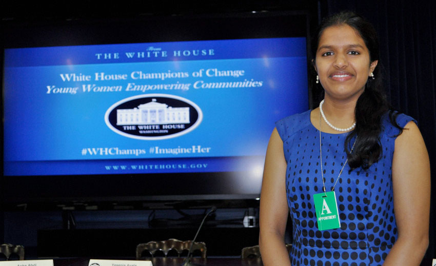Swetha Prabakaran won the prestigious “Champions of Change” award at the White House in Washigton, D.C., Sept. 15. (Press Trust of India)