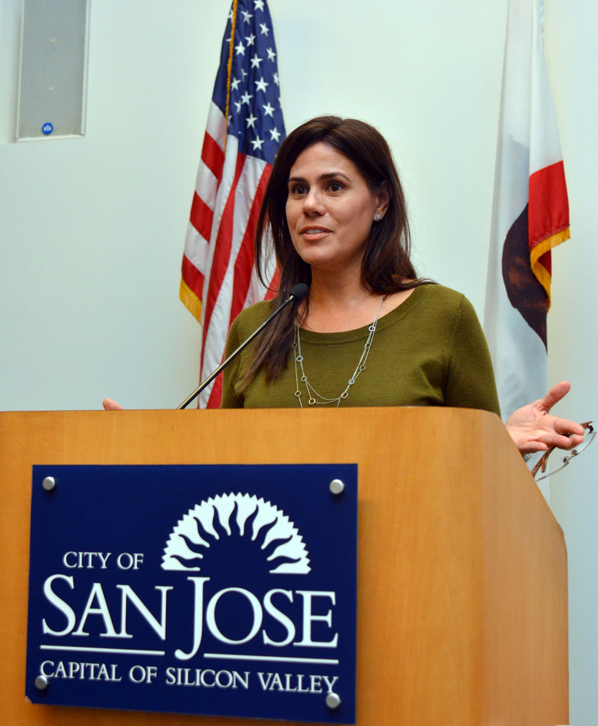 San Jose City Council member Magdalena Carraasco speaks at a press conference to mark Indian Prime Minister Narendra Modi’s maiden visit to Silicon Valley after he took office, at the San Jose City Hall, Sept. 24. (Amar D. Gupta | Siliconeer) 