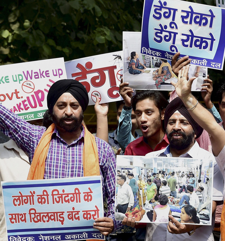National Akali Dal activists protesting against rise in dengue cases in New Delhi, Sept. 16. (Kamal Kishore | PTI) 