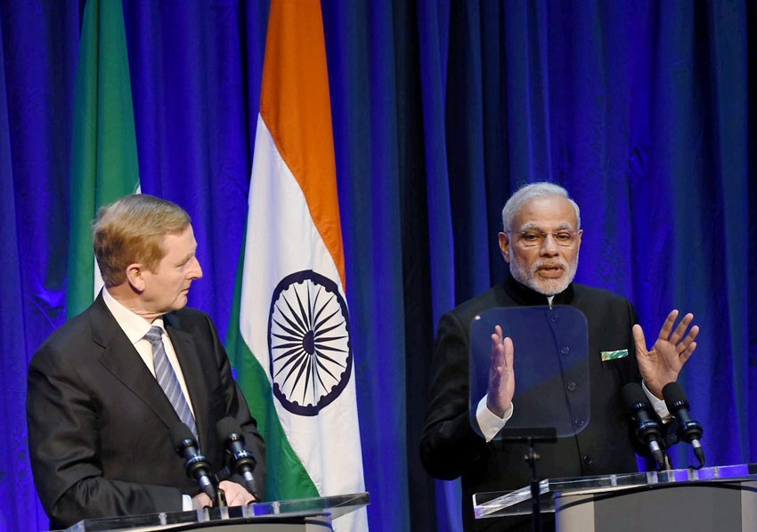 Indian Prime Minister Narendra Modi speaks as his Irish counterpart Enda Kenny looks on during their joint press conference in Dublin, Ireland, Sept. 23. (Subhav Shukla | PTI) 