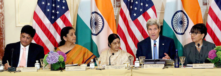 External Affairs Minister Sushma Swaraj (3rd form l) and U.S. Secretary of State John Kerry (2nd from r) at India-U.S. Strategic & Commercial Dialogue at the U.S. State Department in Washington, D.C., Sept. 22. Commerce and Industry Minister Nirmala Sitharaman (2nd from l) and Power Minister Piyush Goyal (l) are also seen. (Press Trust of India) 