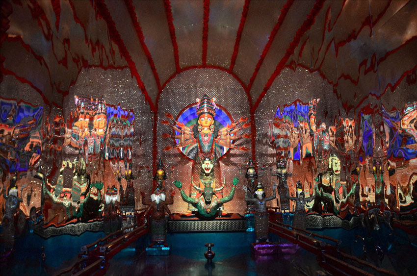 A view of goddess Durga Idol and  puja pandals made of glass in Kolkata, Oct. 16. (Press Trust of India) 