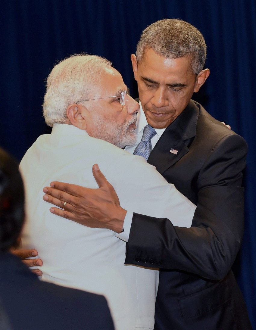 Indian Prime Minister Narendra Modi hugs U.S. President Barack Obama in New York, Sept. 28. (Subhav Shukla | PTI) 