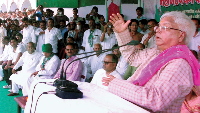 RJD chief Lalu Prasad addressing an election rally in Naugachiya, Bihar, Sept. 29. (Press Trust of India) 