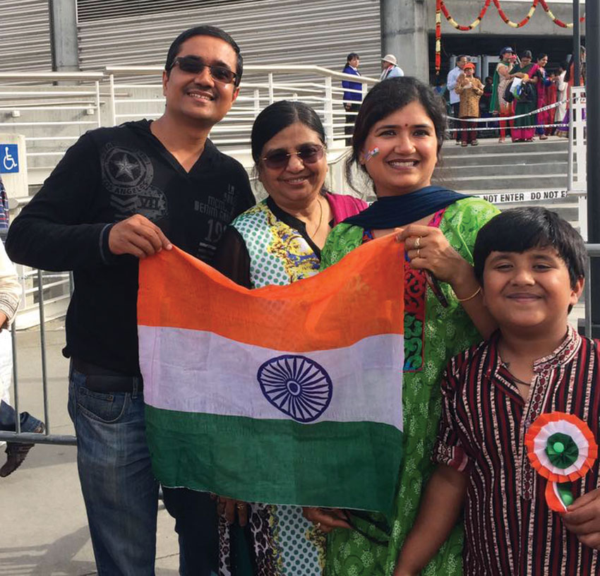 Members of the Indian American community gathered at SAP Center in San Jose, Calif., to greet Prime Minister Narendra Modi on his maiden visit to Silicon Valley. (L-r): From Dadi Pariwar USA Foundation, Mukesh Sharma, Sudha Gupta, Shipra Sharma and Yatharth Sharma (r). (Facebook) 