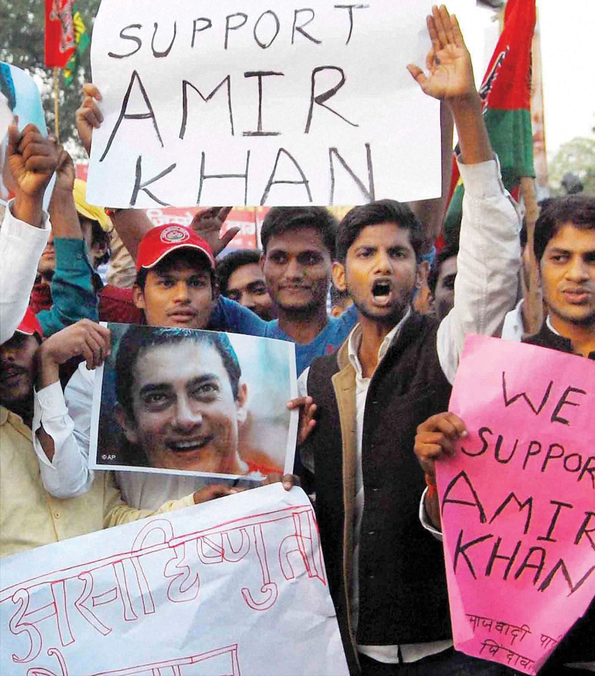 Samajwadi Party activists shouting slogans during their rally in support of actor #AamirKhan who is facing nationwide criticism following his remarks over growing intolerance in the country, in Allahabad, Nov. 26. (Press Trust of India)