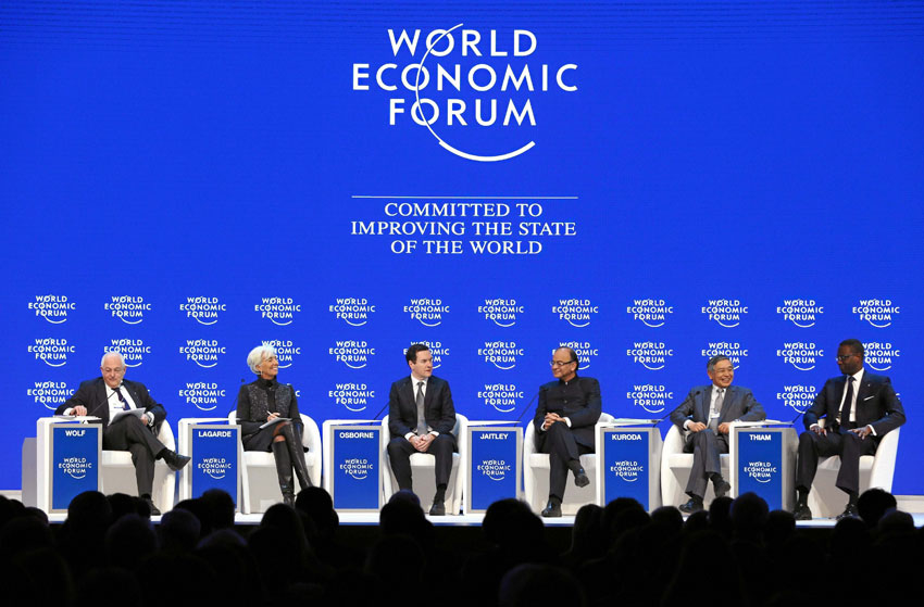 Indian Finance Minister Arun Jaitley, Christine Lagarde, managing director, International Monetary Fund, and other dignitaries at a session at the World Economic Forum in Davos, Switzerland, Jan. 23. (Press Trust of India) 