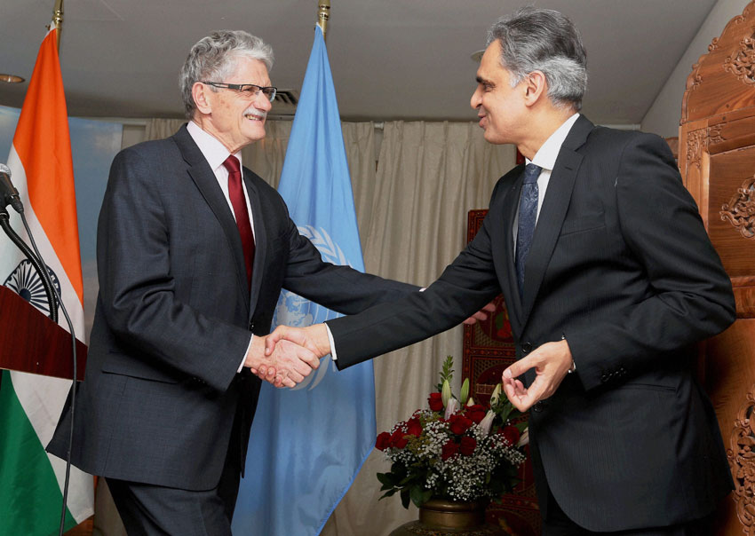 President of the United Nations General Assembly Mogens Lykketoft of Denmark greets Indian Ambassador to United Nations Syed Akbaruddin on the occasion of India's 67th Republic day celebrations at Permanent Indian Mission in New York, Jan. 26. (Press Trust of India) 