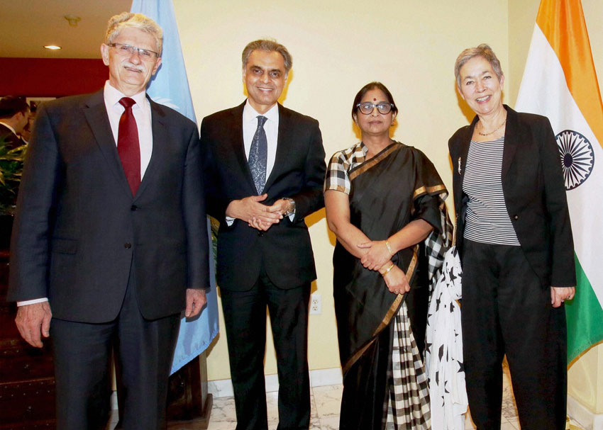 (L-r): Mogens Lykketoft, President of the 70th session of the UN General Assembly, Ambassador Syed Akbaruddin, India's Permanent Representative to the UN, Padma Akbaruddin and Mette Holm spouse of President of the UNGA, on the occasion of India's 67th Republic day celebrations at Permanent Mission of India (PMI) in New York on Tuesday. (Press Trust of India) 