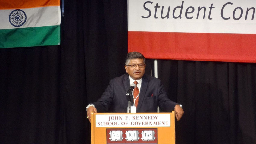 India’s Communication and IT Minister Ravi Shankar Prasad delivering the keynote address to annual India Conference 2016 of the Harvard Business School at Harvard in Boston, Mass., Feb. 6. (Press Trust of India) 