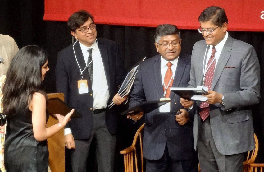 India’s Communications and IT Minister Ravi Shankar Prasad (2nd from r) at the annual India Conference 2016 of Harvard University, in Boston, Mass., Feb. 6. (Press Trust of India) 
