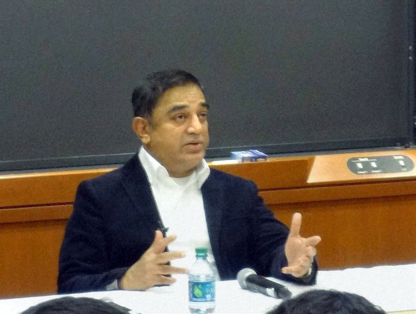Kamal Haasan in a fire side chat session with Indian students of Harvard University in Boston, Mass., Feb. 7. (Press Trust of India) 