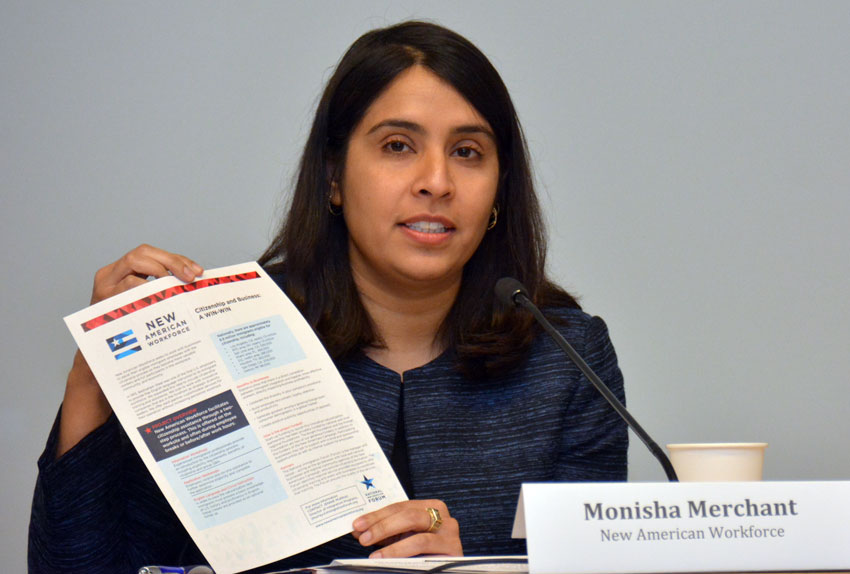 Monisha Merchant of the New American Workforce, at the U.S. Citizenship & the 2016 Race briefing, at San Jose City Hall, Feb. 5. (Amar D. Gupta | Siliconeer) 