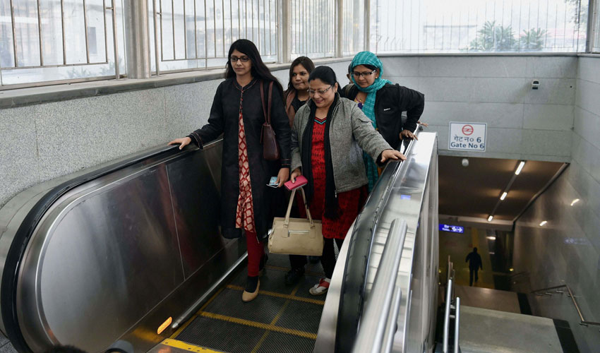 Delhi Commission for Women chairperson Swati Maliwal uses Metro train to commute as the odd-even scheme is operational in New Delhi, Jan. 2. (Shahbaz Khan | PTI) 