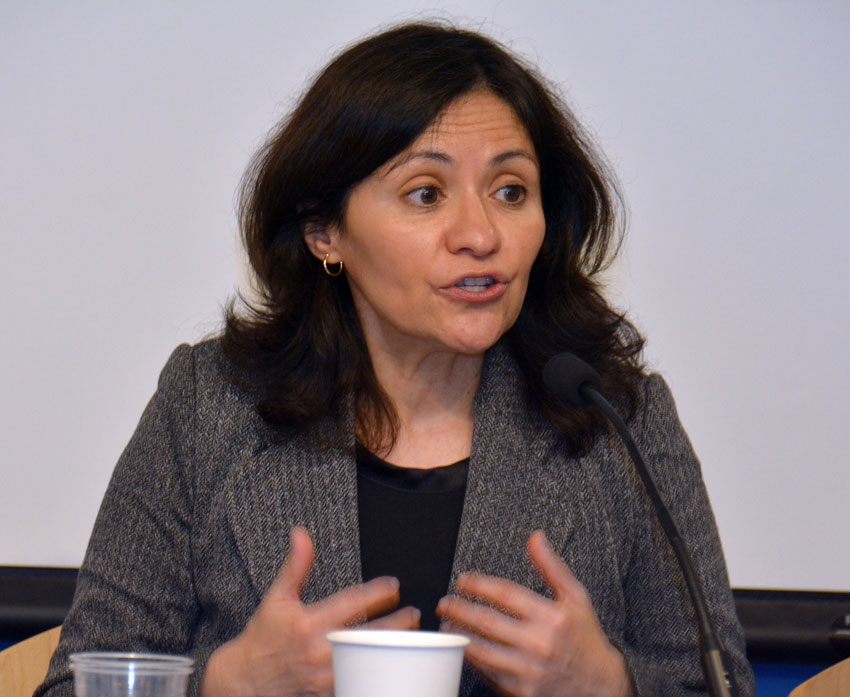 Edith Ramirez, chairwoman, Federal Trade Commission, speaking to ethnic media at World Affairs Center in San Francisco, Feb. 11. (Amar D. Gupta | Siliconeer) 