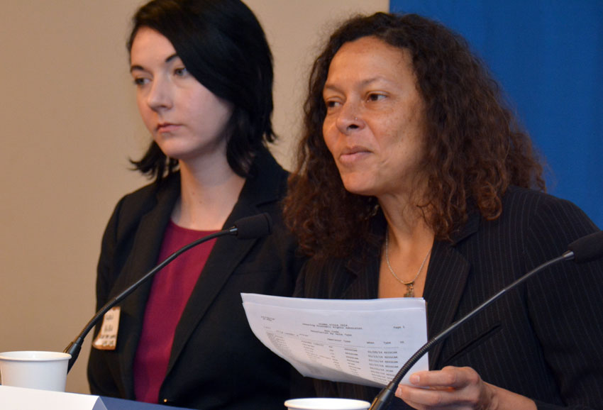 Maeve Elise Brown, executive director, Housing and Economic Rights Advocates, speaking on real estate and foreclosure fraud to ethnic media at World Affairs Center in San Francisco, Feb. 11. (Amar D. Gupta | Siliconeer) 