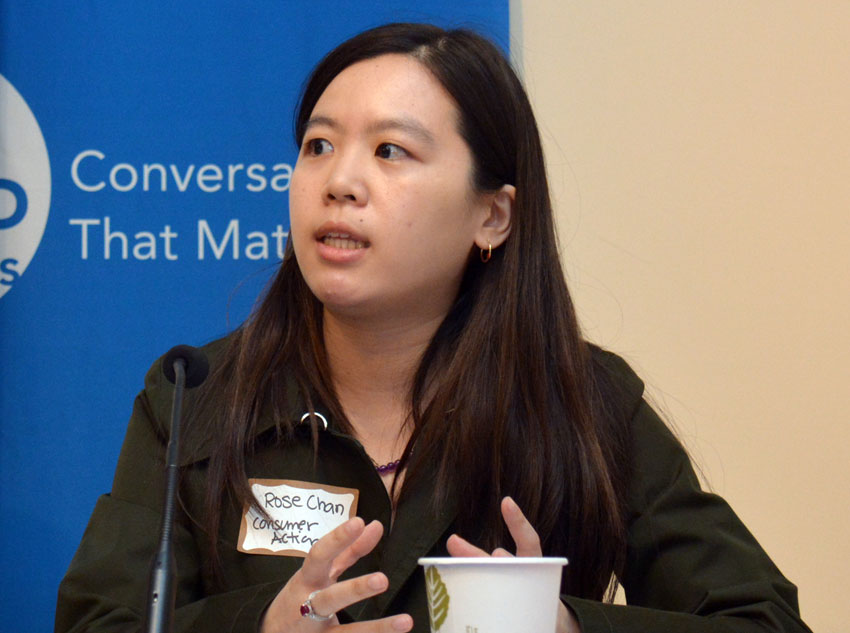 Rose Chan (r), consumer advice coordinator, Consumer Action, speaking to ethnic media at World Affairs Center in San Francisco, Feb. 11. (Amar D. Gupta | Siliconeer) 