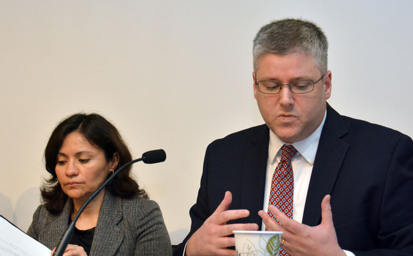 Nicklas A. Akers (r), Senior Assistant Attorney General, California Department of Justice, speaking to ethnic media at World Affairs Center in San Francisco, Feb. 11. (Amar D. Gupta | Siliconeer) 