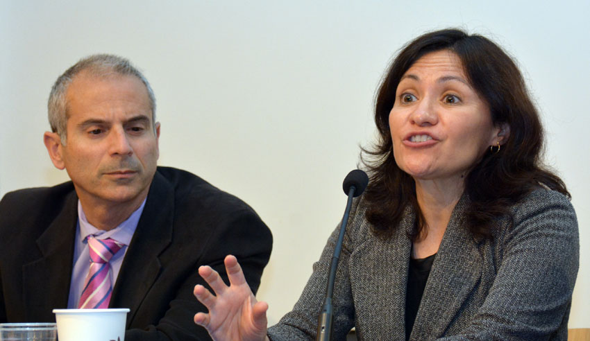 Edith Ramirez, chairwoman, Federal Trade Commission, (r), speaking to ethnic media, as Thomas Dahdouh looks on, at World Affairs Center in San Francisco, Feb. 11. (Amar D. Gupta | Siliconeer) 