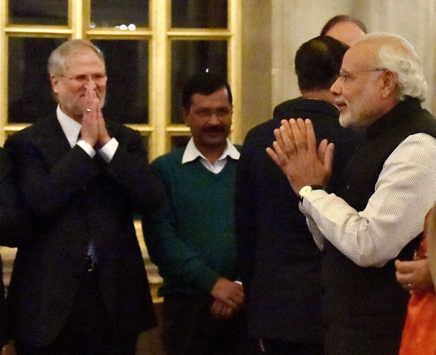 Prime Minister Narendra Modi at a banquet hosted in the honor of French President Francois Hollande, at Rashtrapati Bhavan in New Delhi, Jan. 25. Delhi Lieutenant Governor Najeeb Jung and Chief Minister Arvind Kejriwal are also seen. (Vijay Verma | PTI) 