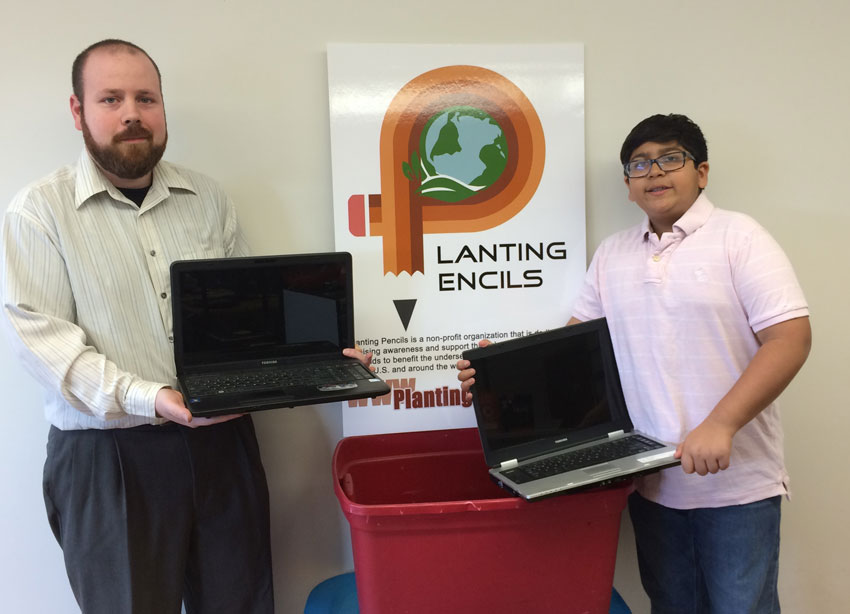 Adam Turney (l), owner of ReBoot Computer Sales and Service in Bristol, and Ishaan Patel, founder of Planting Pencils, have partnered to provide underserved students in Connecticut and beyond with refurbished computers. ReBoot will accept donations of unwanted laptops and computers and make any necessary repairs prior to distribution. (Alliances by Alisa Media Relations) 