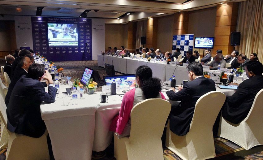 Business leaders during a Union Budget viewing session organized by CII, in Mumbai, Feb. 29. (Mitesh Bhuvad | PTI) 